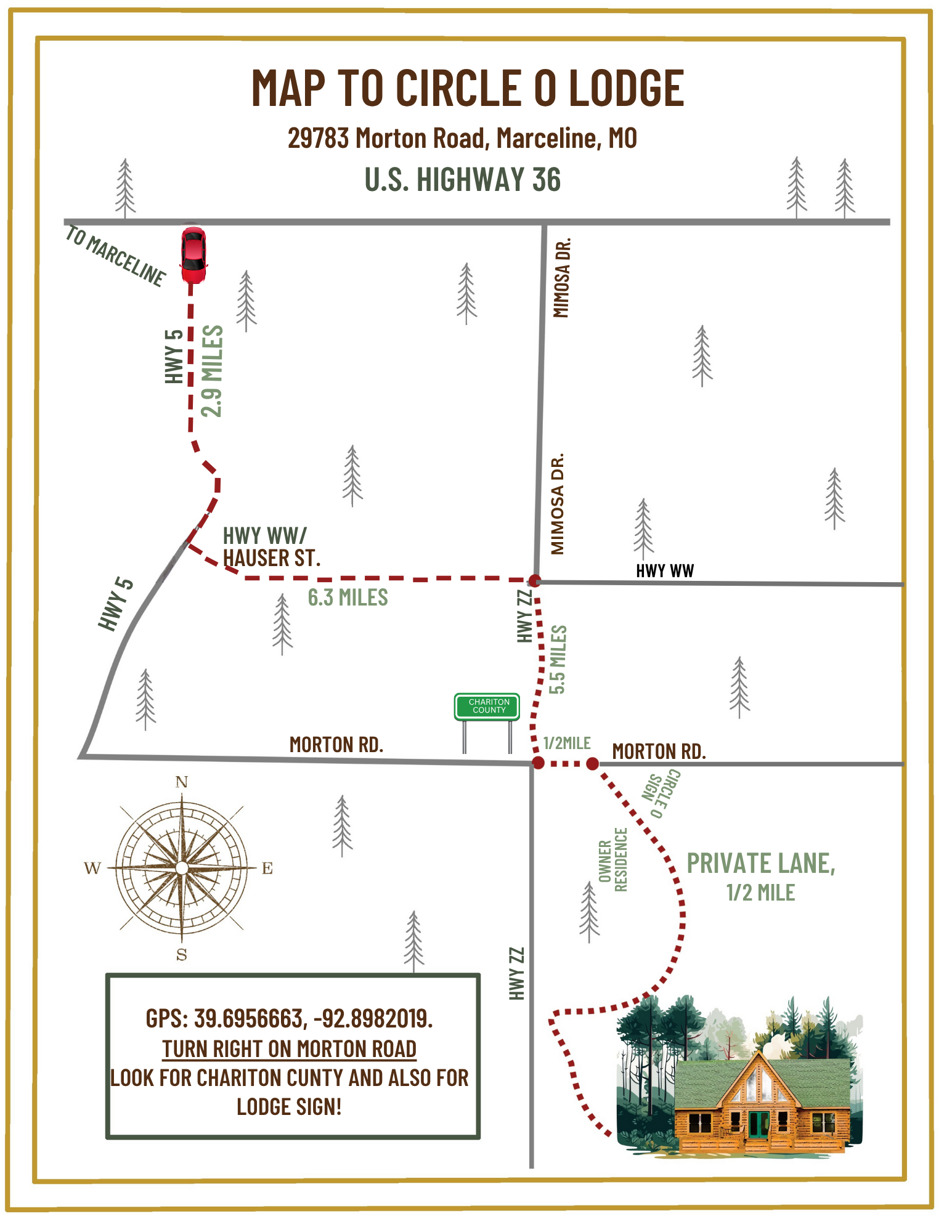 Directions Map to Circle O Lodg An illustrated driving directions map to Circle O Lodge on Morton Road from Highway 5 and U.S. Highway 36 in Marceline Missouri.