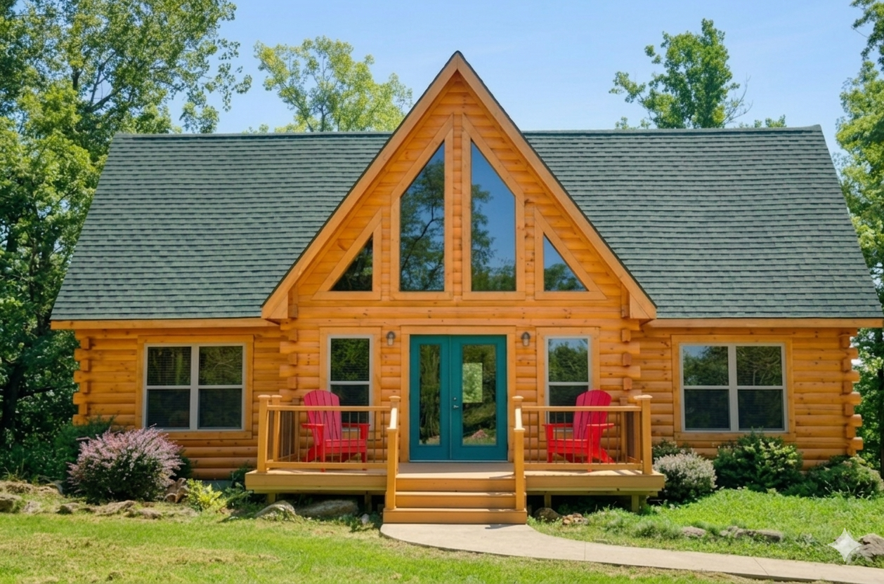 Beautiful front exterior of the luxury wooden log cabin with large A-frame windows and a front porch at Circle O Lodge in Marceline Missouri.
