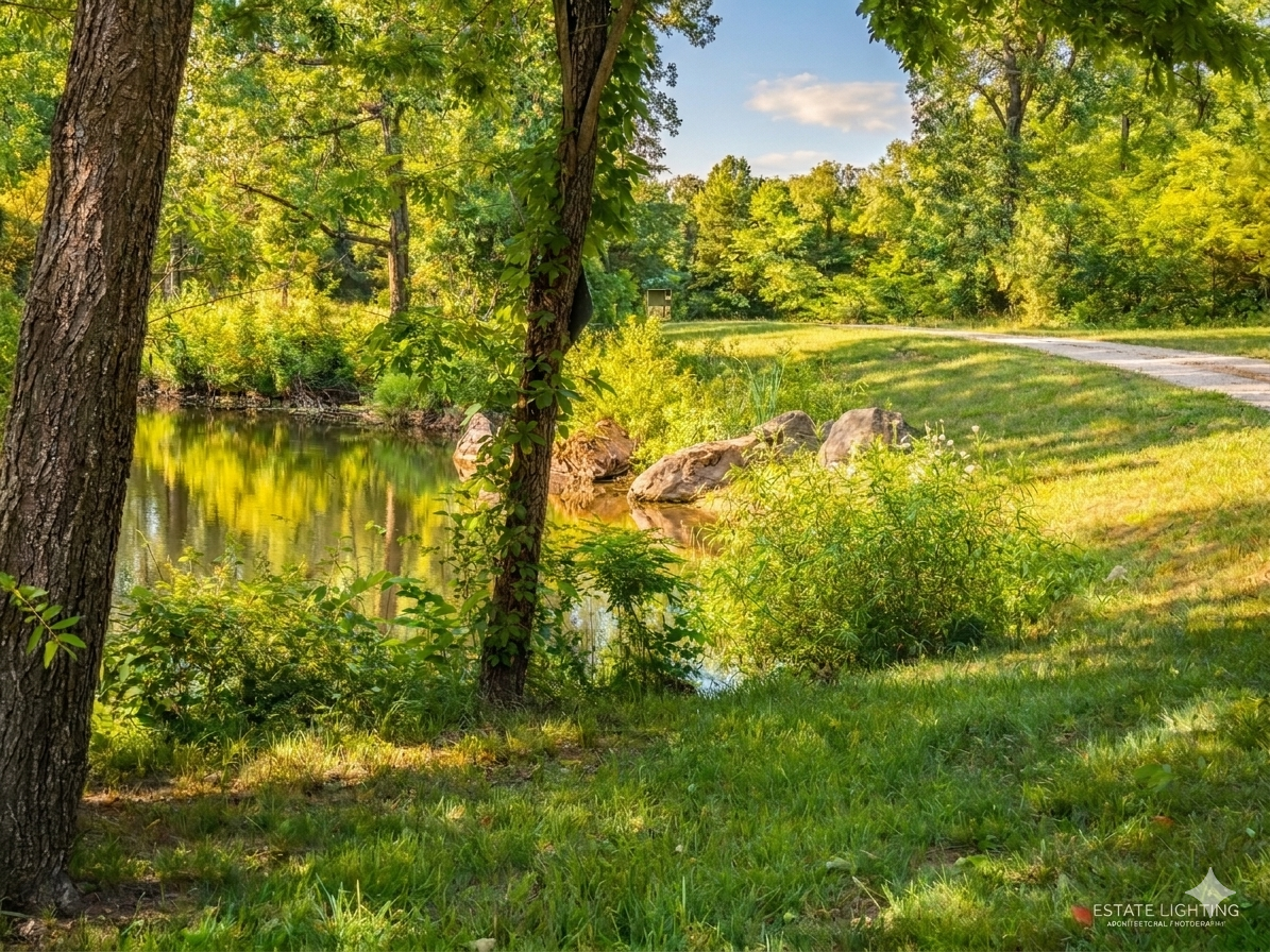 A sunny grass trailroad winding past a peaceful pond surrounded by lush green trees at Circle O Lodge in Marceline Missouri.