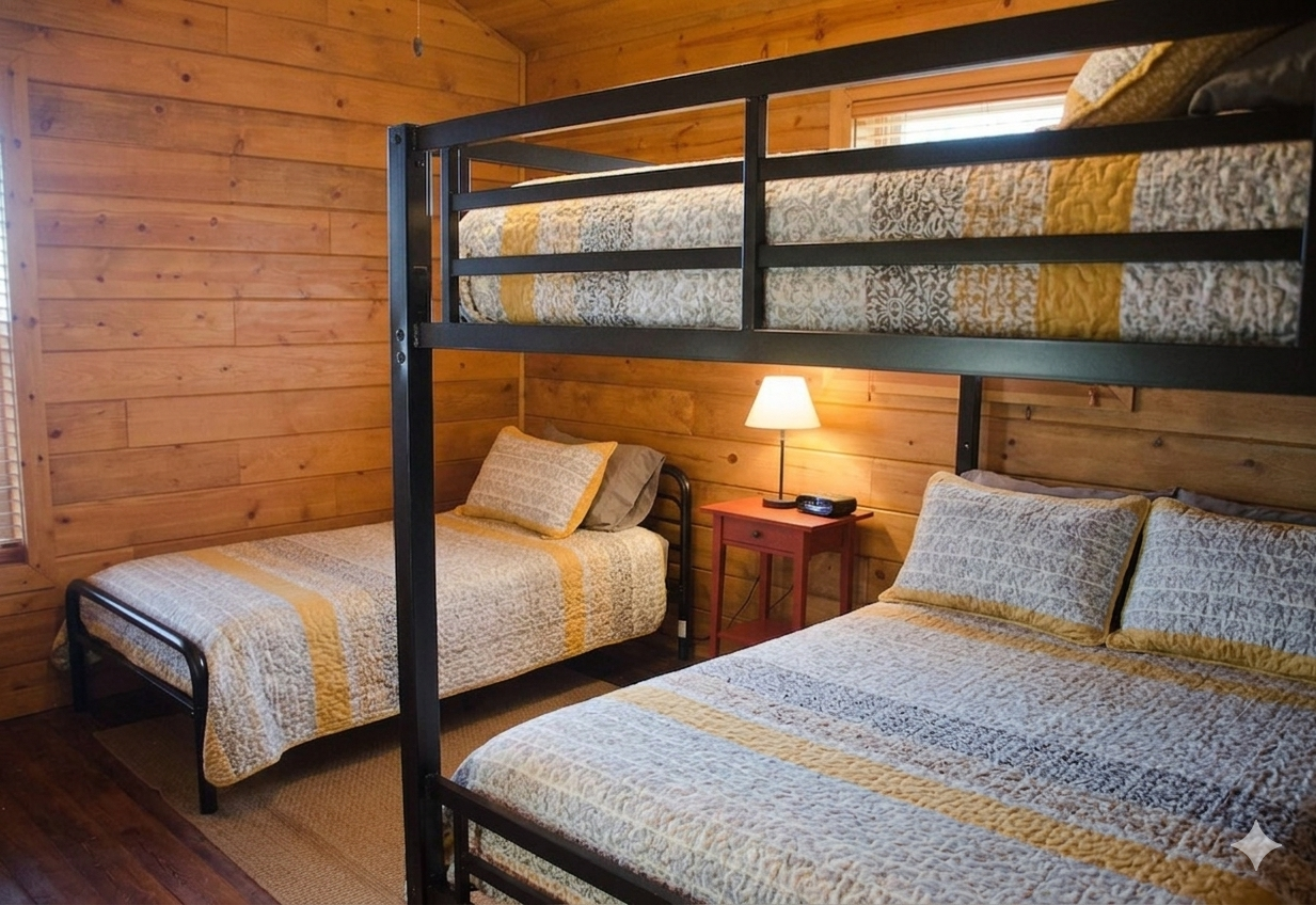 high-resolution interior photograph of a cozy, wood-paneled cabin bedroom at Circle O Lodge in Marceline, Missouri. The scene features a metal bunk bed frame with a double bed on the bottom and a twin on top, as well as a separate twin bed on the left, all featuring clean, matching yellow and grey pattern bedding. A red nightstand with a lamp sits between the beds, and a window is visible on the far wall.