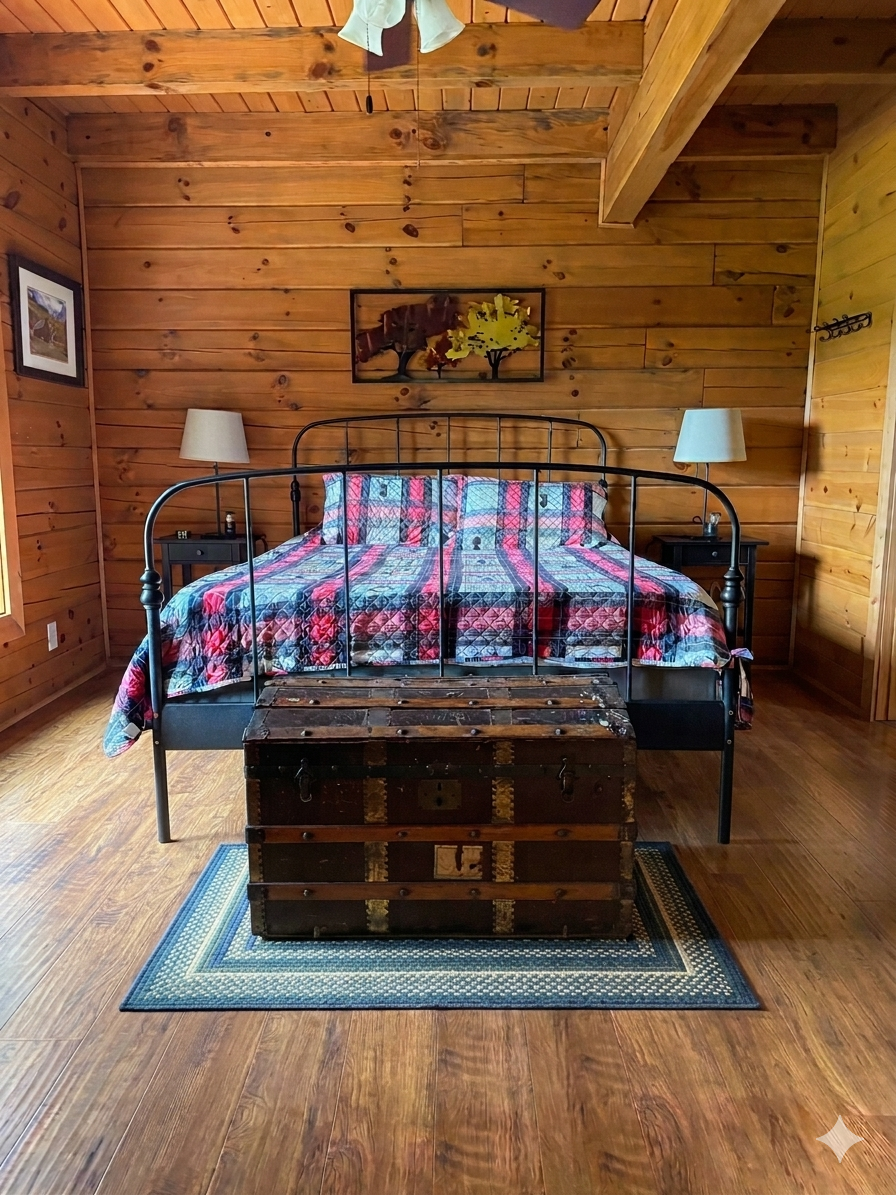 Principal master bedroom with a large bed in a cozy wood-paneled room at Circle O Lodge cabin in Marceline Missouri