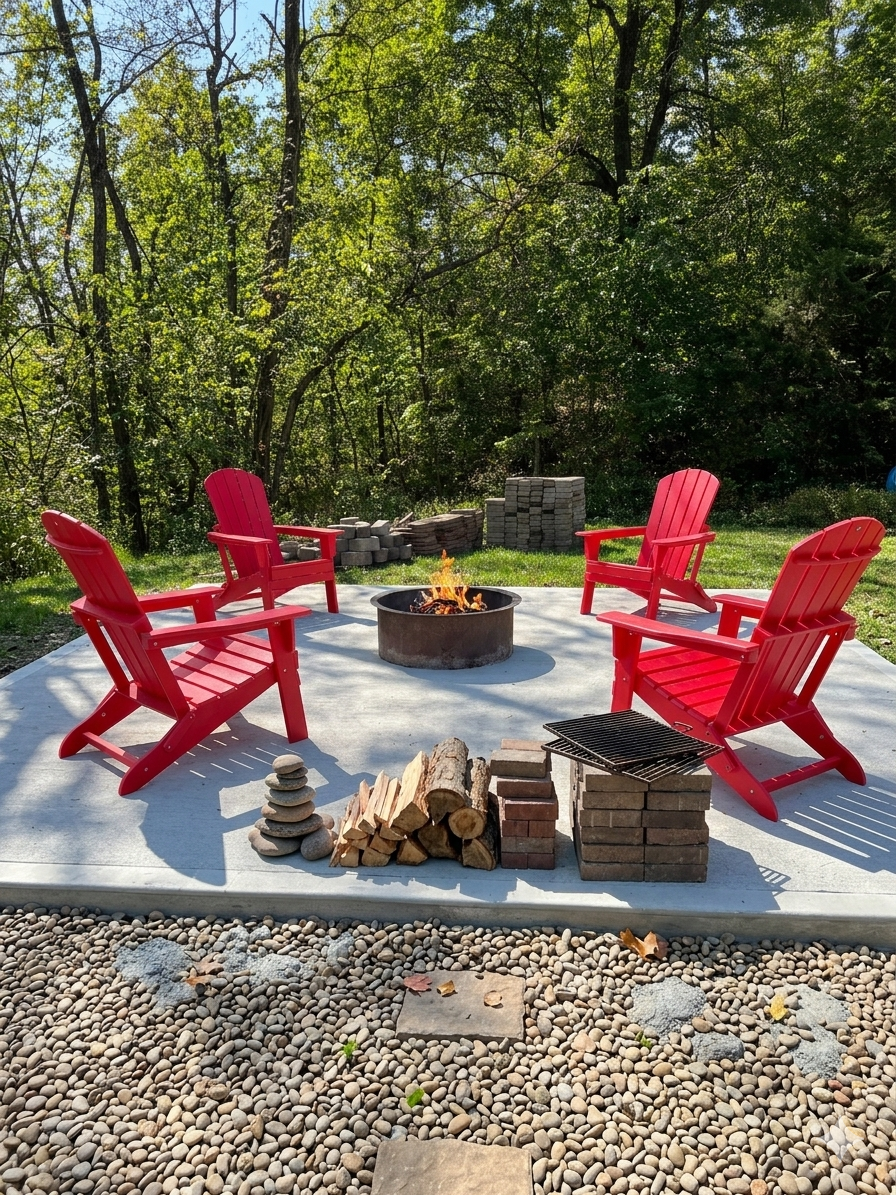 utdoor stone fire pit with seating surrounded by woods at Circle O Lodge cabin in Marceline Missouri.