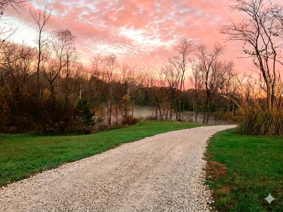 A gravel driveway winding toward a foggy landscape under a vibrant pink sunset sky at Circle O Lodge in Marceline Missouri.