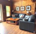 Cozy Living Room with Leather Sofas and Rustic Wood Wall